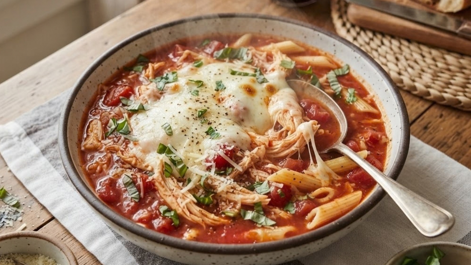 Tomato soup with shredded chicken, penne pasta, melted cheese, and herbs.