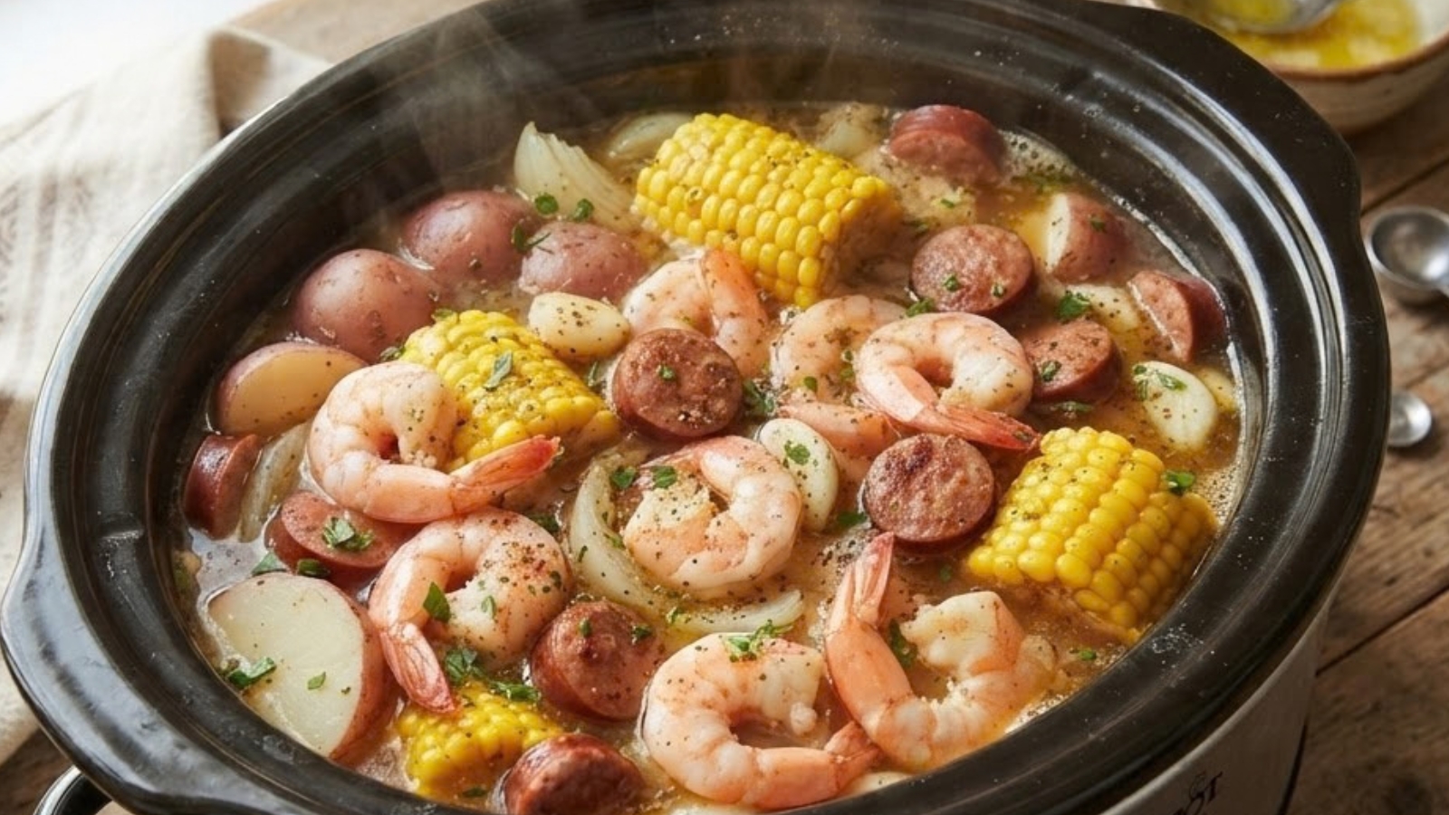 Slow cooker filled with shrimp, corn, sausage, and red potatoes.