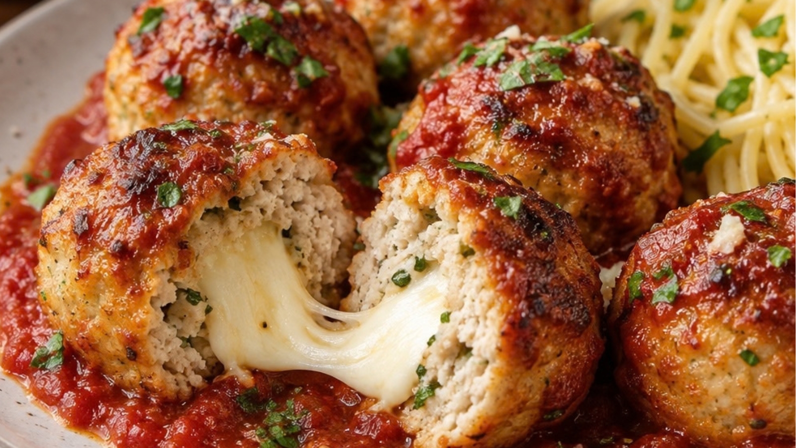 Chicken meatballs with melted mozzarella centers, tomato sauce, and pasta.
